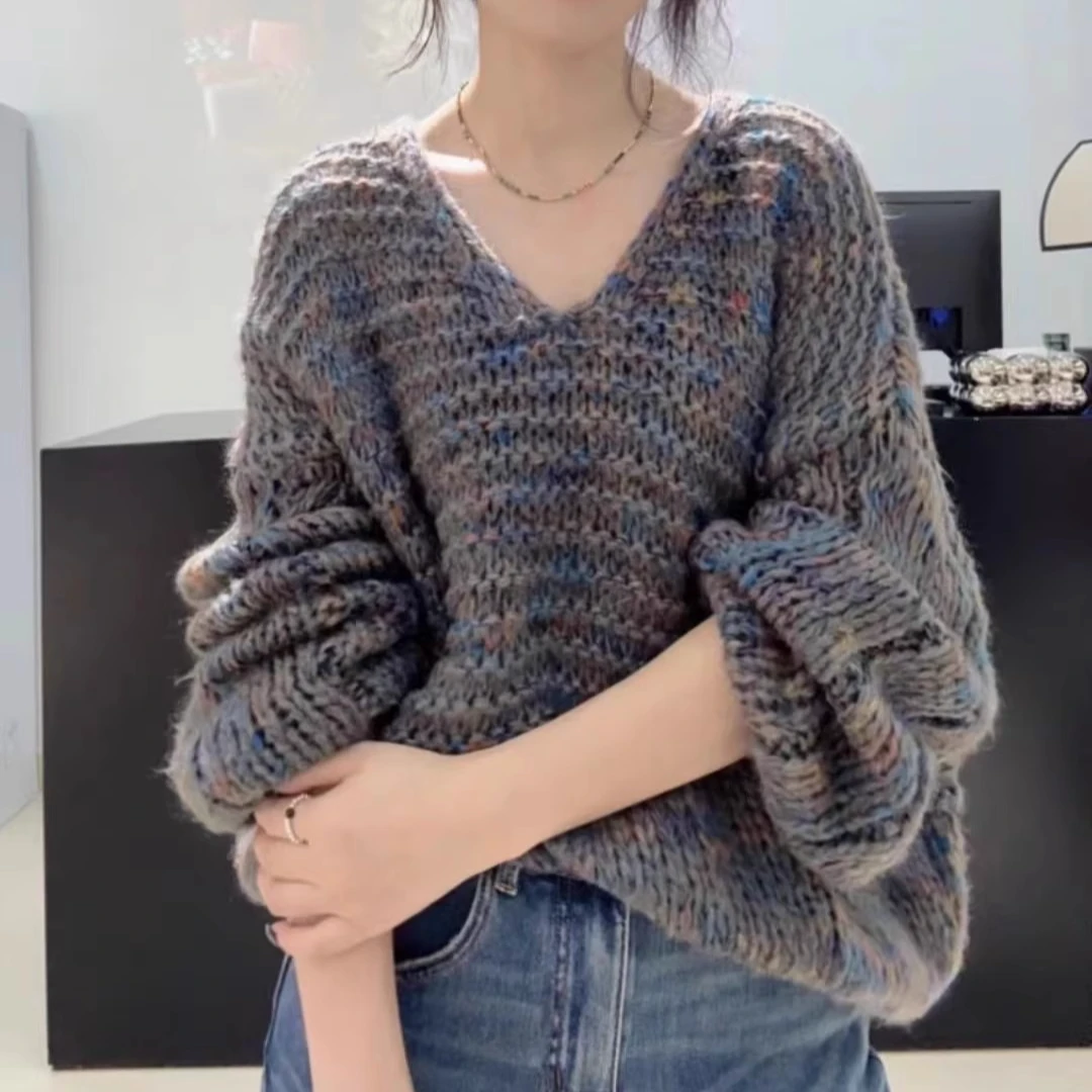 外贸剪标春秋V领粗线高腰短款慵懒风女毛衣时尚百搭洋气炸街上衣