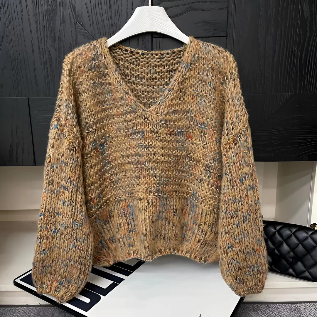 欧货设计感花色短款粗线V领短款毛衣女秋冬新款洋气时尚百搭上衣