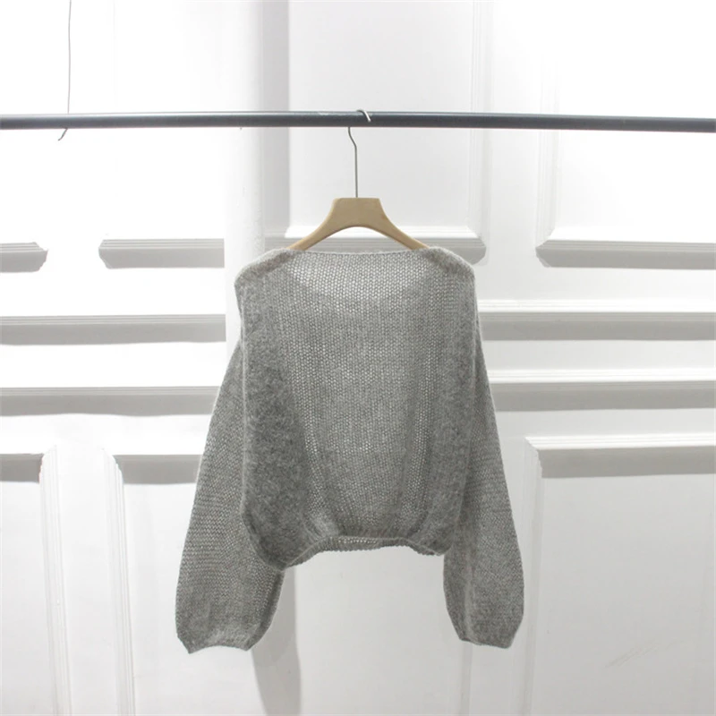 春夏薄款软糯灰色针织罩衫女一字领慵懒风短款设计感毛衣上衣秋装