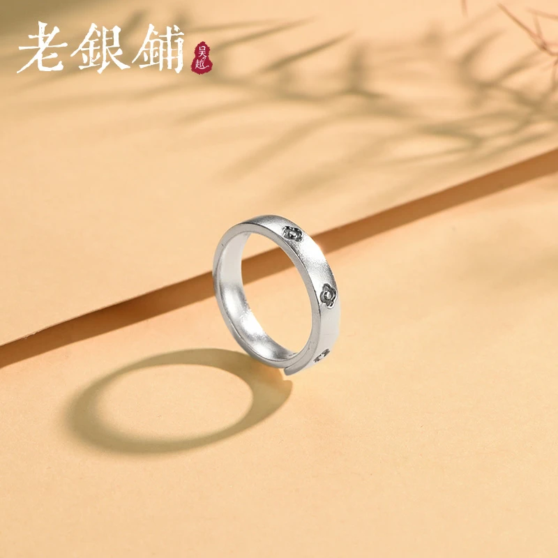吴越老银铺 足银戒指 999足银小花戒指时尚简约银戒指小众复古ins