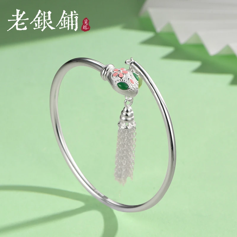 吴越老银铺 足银珐琅手镯 999足银瑾蛇手镯古风流苏银手镯女款镯