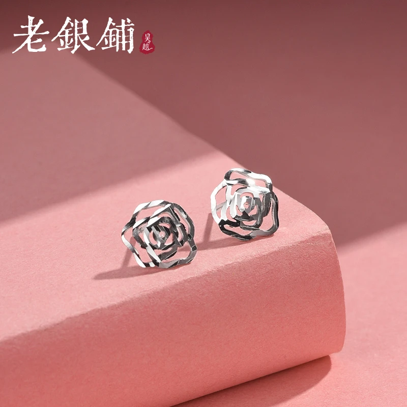吴越老银铺 925银耳饰 玫瑰花朵耳钉气质简约小众百搭小巧素款