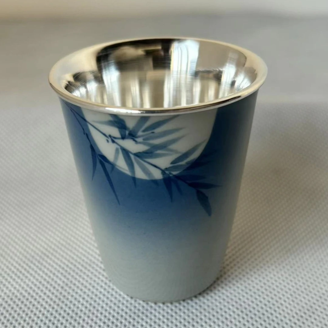 月下竹影 普素纯银999银杯 纯手工瓷包银主人杯 家用闻香杯品茗杯