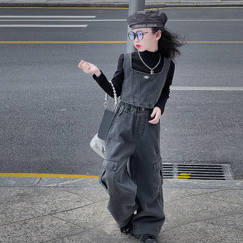 女童秋季牛仔工装裤套装2024春秋长裤童装长袖打底衫洋气三件套潮