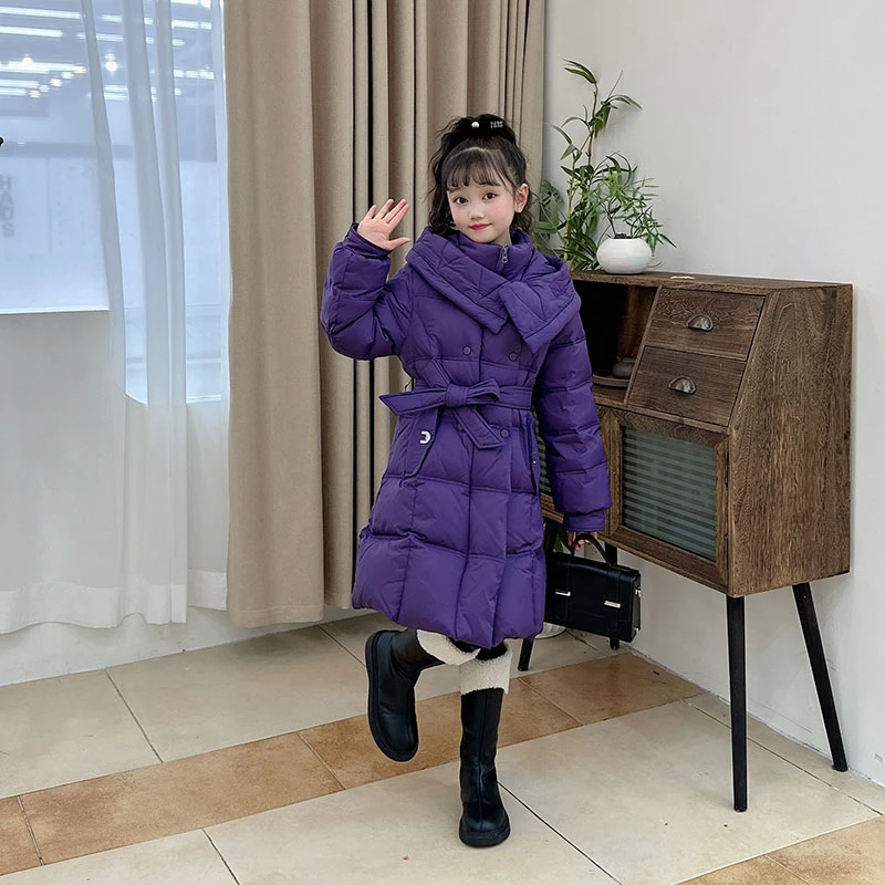 女童冬季中长款羽绒服外套2023新款童装加厚白鸭绒连帽洋气女孩潮