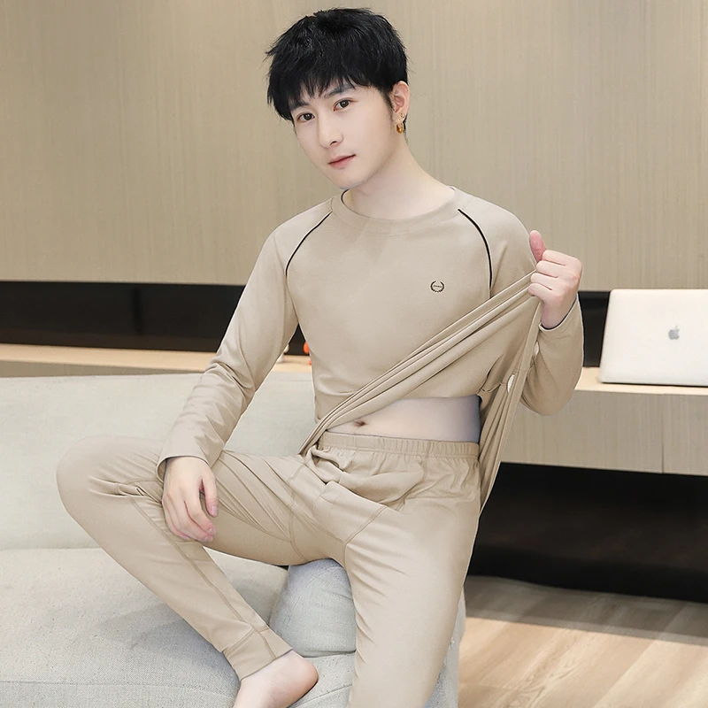 秋冬季圆领保暖内衣男套装德绒薄款棉毛衫青少年学生内穿秋衣秋裤