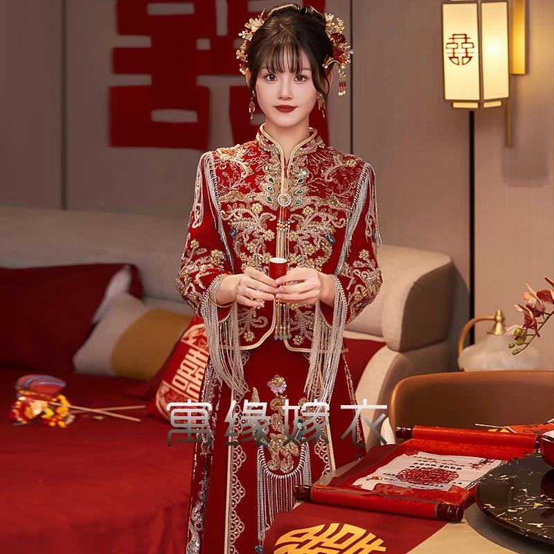 高端丝绒秀禾服2025年新款中式喜服新娘结婚迎亲礼服嫁衣出阁服