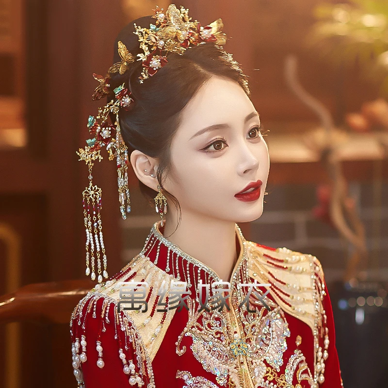 新品婚礼金色头饰新娘中式大气凤冠霞帔结婚饰品古装秀禾配饰女