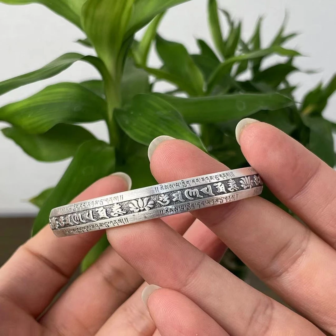 足银手镯 金源珠宝  足银999.9 复古作旧心经莲花图开口手镯 约32