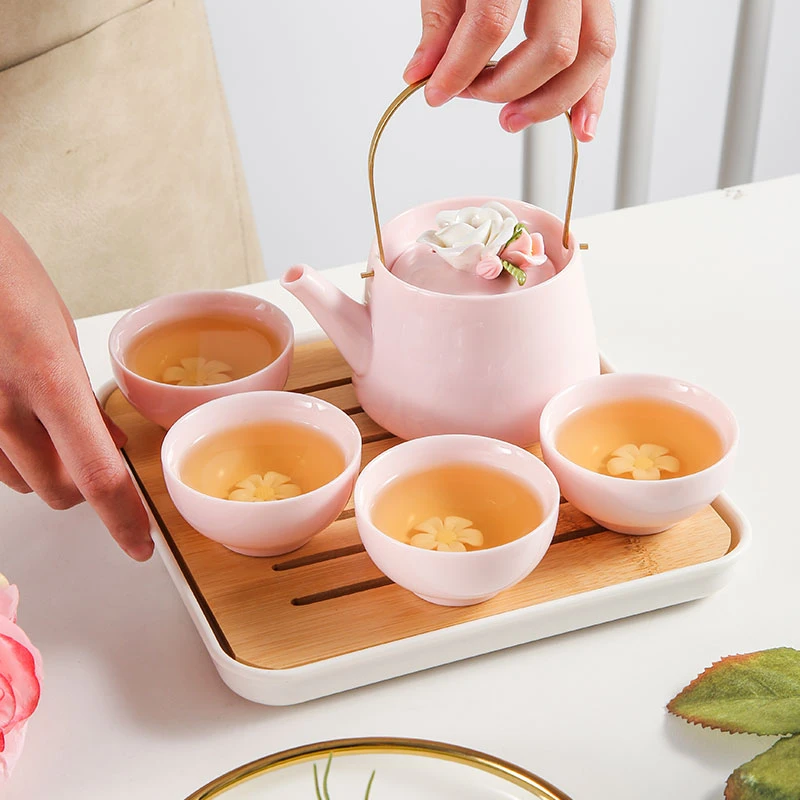 原矿粉泥粉色捏花提梁壶家用创意简约陶瓷中式茶套轻奢中式1128