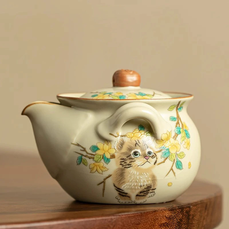 黄色汝窑桂花猫咪手抓壶宝瓶复古家用陶瓷纯手工中式带盖1082