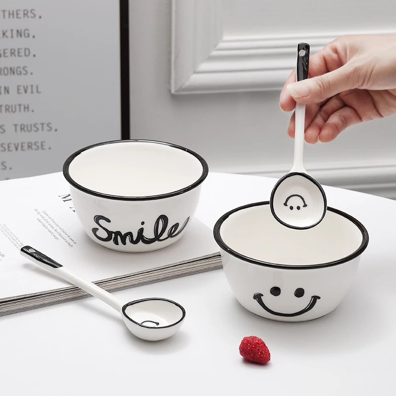 【2碗2长柄勺】正版笑脸陶瓷釉下彩情侣家用创意吃饭碗勺