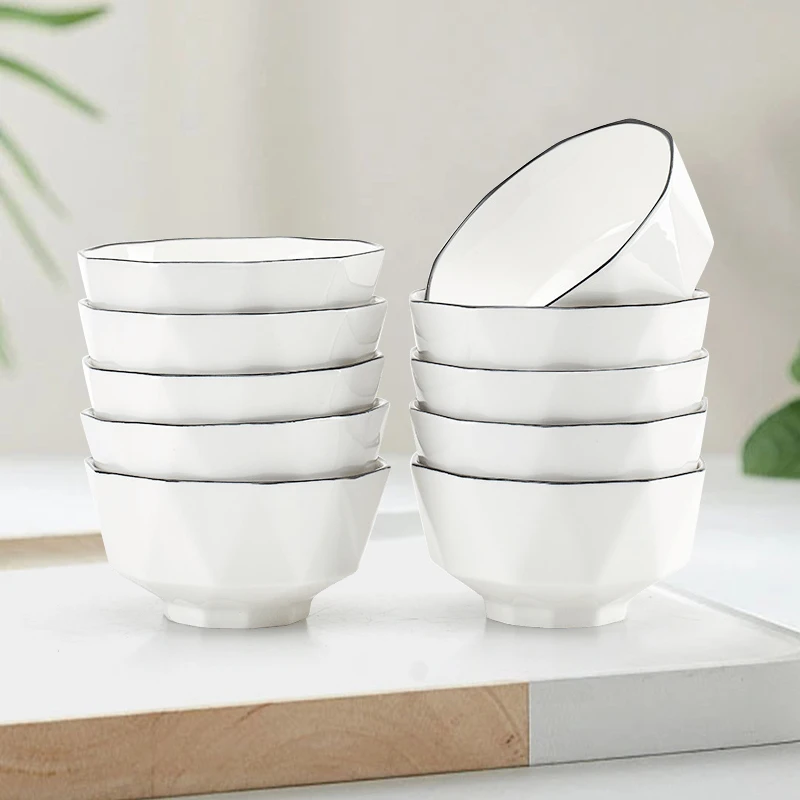 【新】10个装4.5英寸中式质感黑边线钻石碗家用陶瓷釉下彩吃饭碗B