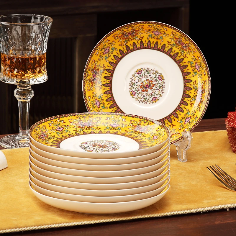 6英寸10只装国风珐琅彩新骨瓷深盘炒菜盘子汤盘家用饭盘