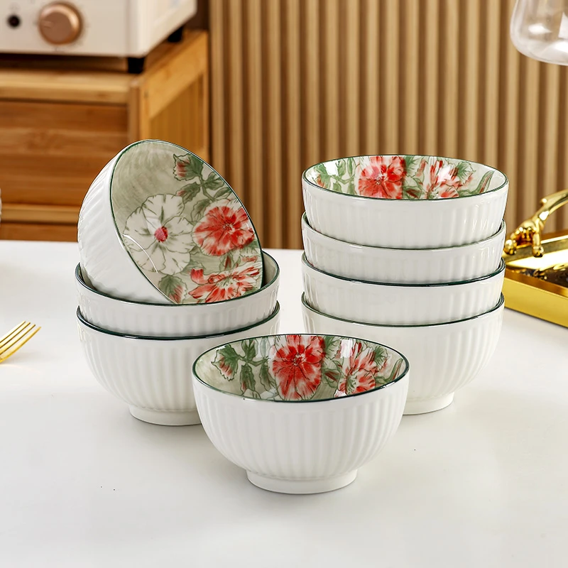 中式花开富贵8只装4.5英寸陶瓷釉下彩家用吃饭碗米饭碗