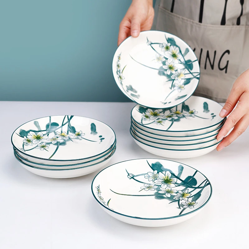 【双旦抢先购】10只装6.5英寸水仙花陶瓷釉下彩家用饭盘炒菜盘子