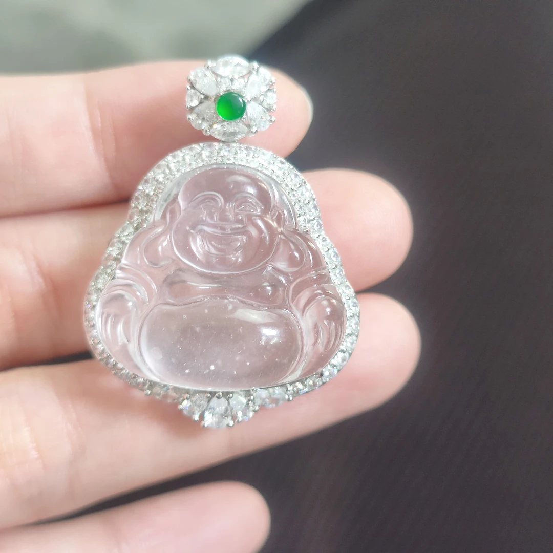 天然石英质玉精致小号佛公吊坠  S925银镶嵌