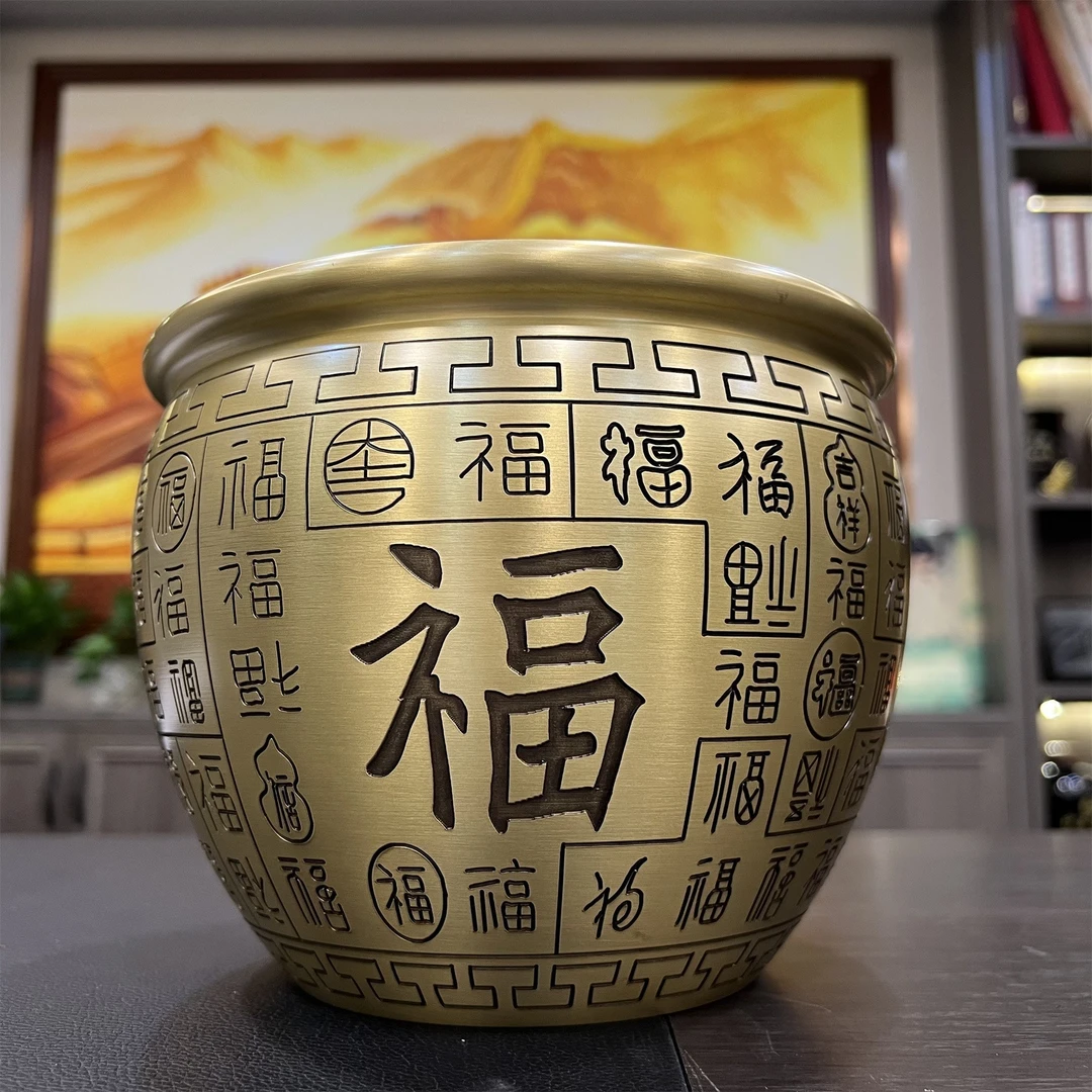 百福铜缸黄铜米缸百福聚宝缸摆件客厅家居招米缸铜缸存米罐聚米缸