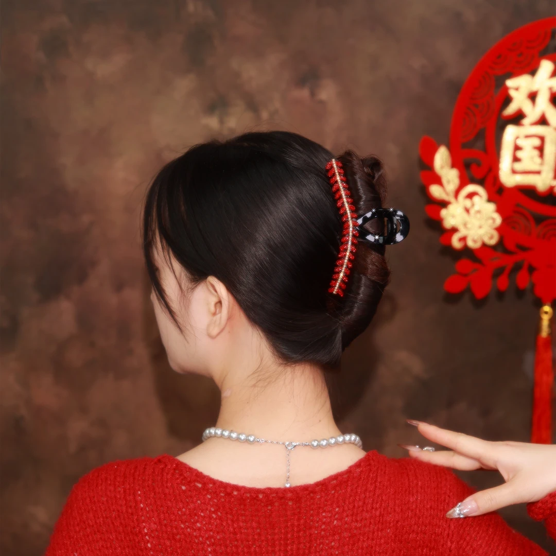简约红麦穗新年发饰国风气质红色大抓夹时尚优雅百搭鲨鱼夹头饰