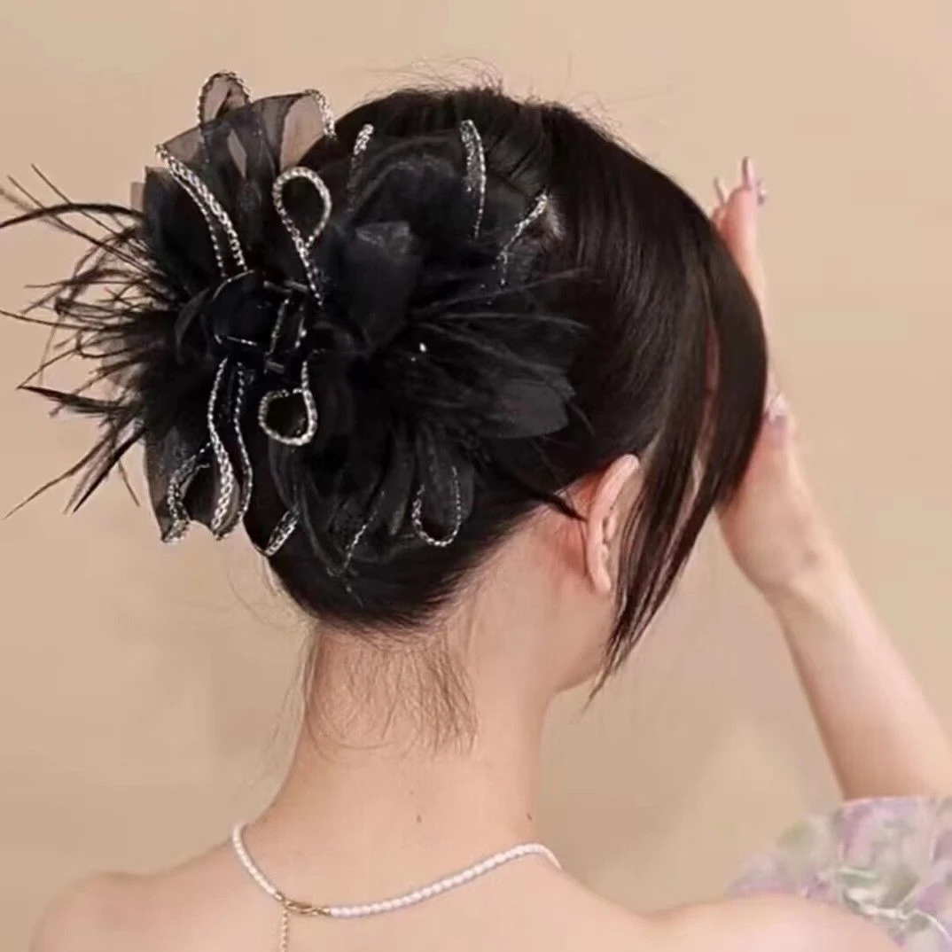 双面时尚蝴蝶结抓夹黑色玫瑰发夹羽毛发夹法式女高颜值鲨鱼夹网红