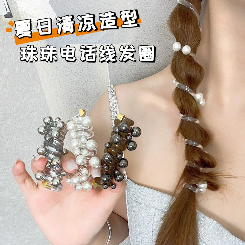 新款珠珠直条电话线发圈女高马尾神器泡泡辫发绳时尚编发头绳发饰