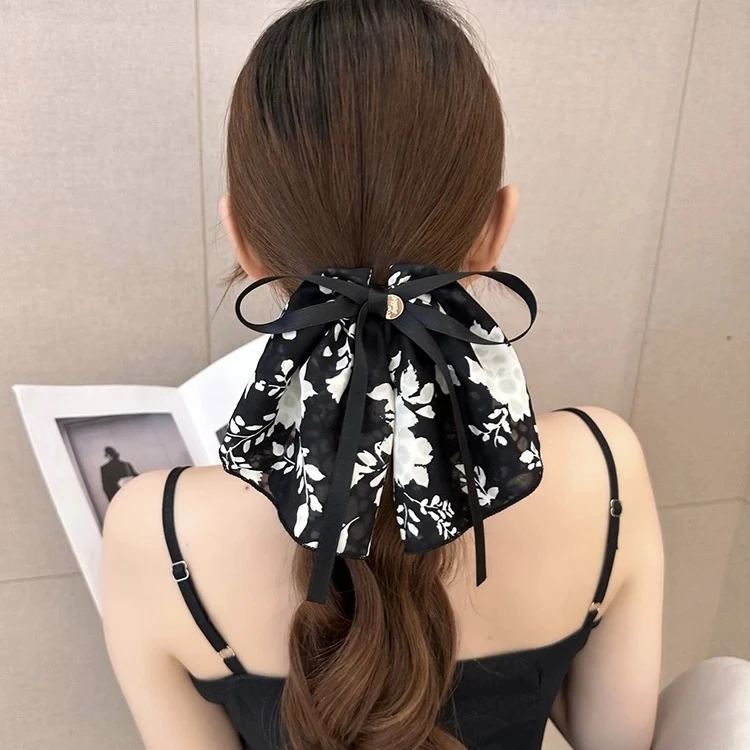 非金属布艺发饰 法式优雅花朵飘带蝴蝶结ins大肠发圈女新款头饰女