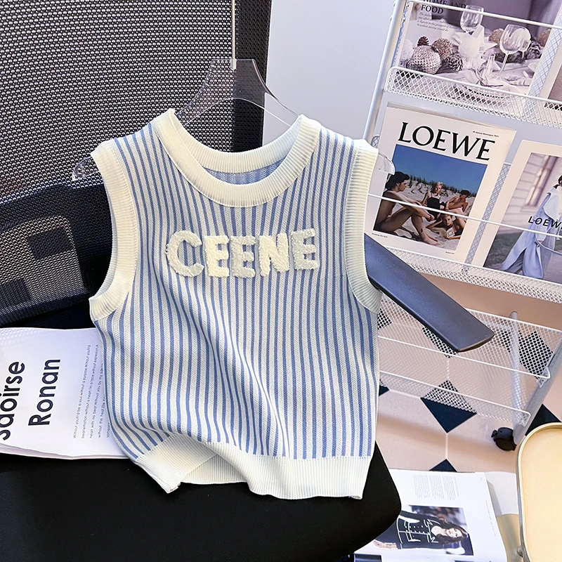 小香风字母条纹植绒网红针织打底背心内搭女夏季外穿无袖短款上衣