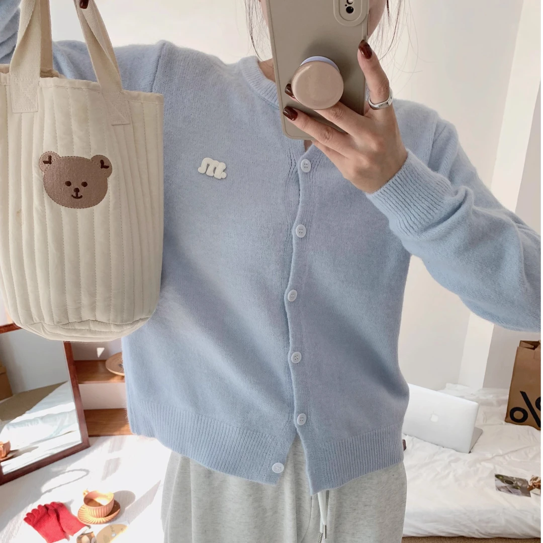 时尚设计感浅蓝色针织毛衣外套秋季新款爆款时尚简约慵懒风外套女