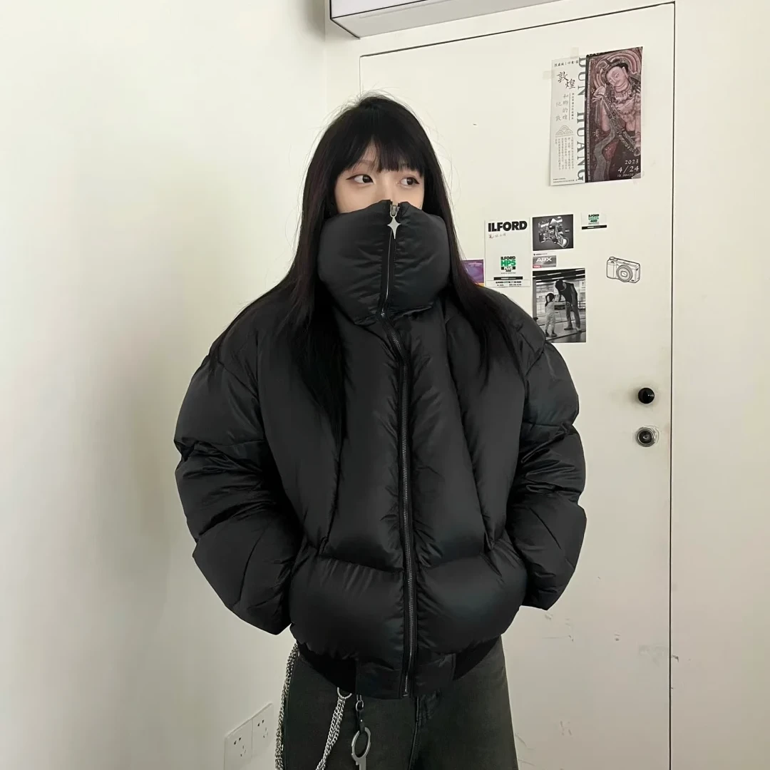 韩国小众高级设计黑色盔甲重磅立领棉服面包棉服潮流外套男女上衣