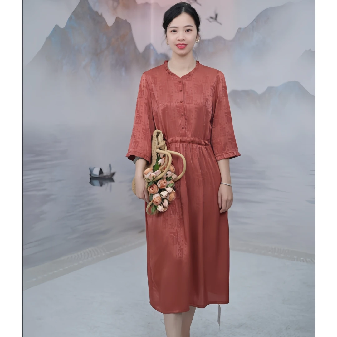 ~2492  轻奢木耳边领暗纹印花七分袖时尚气质女装连衣裙