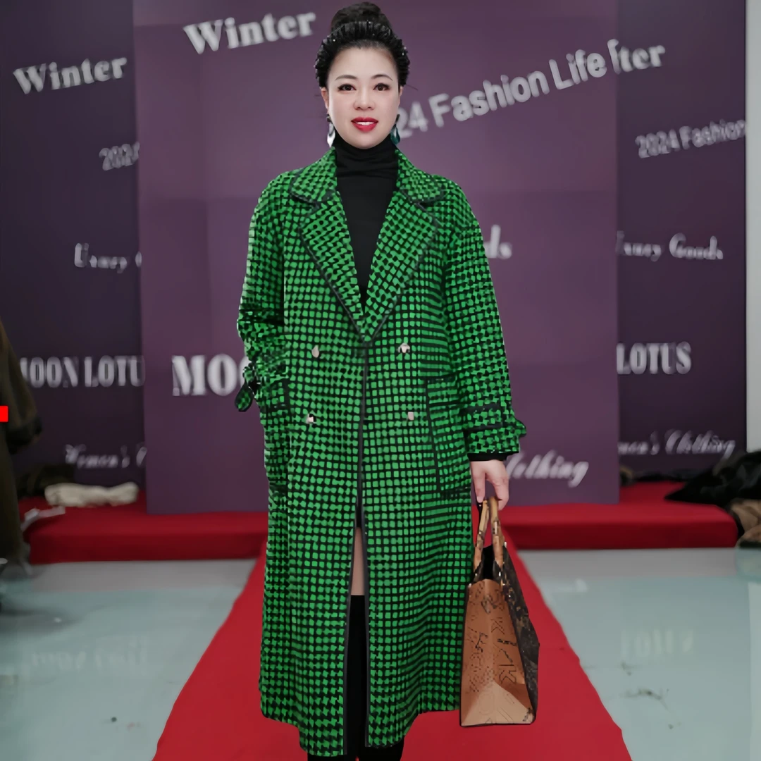 1152时尚气质休闲百搭女士简约格子中长款毛呢外套