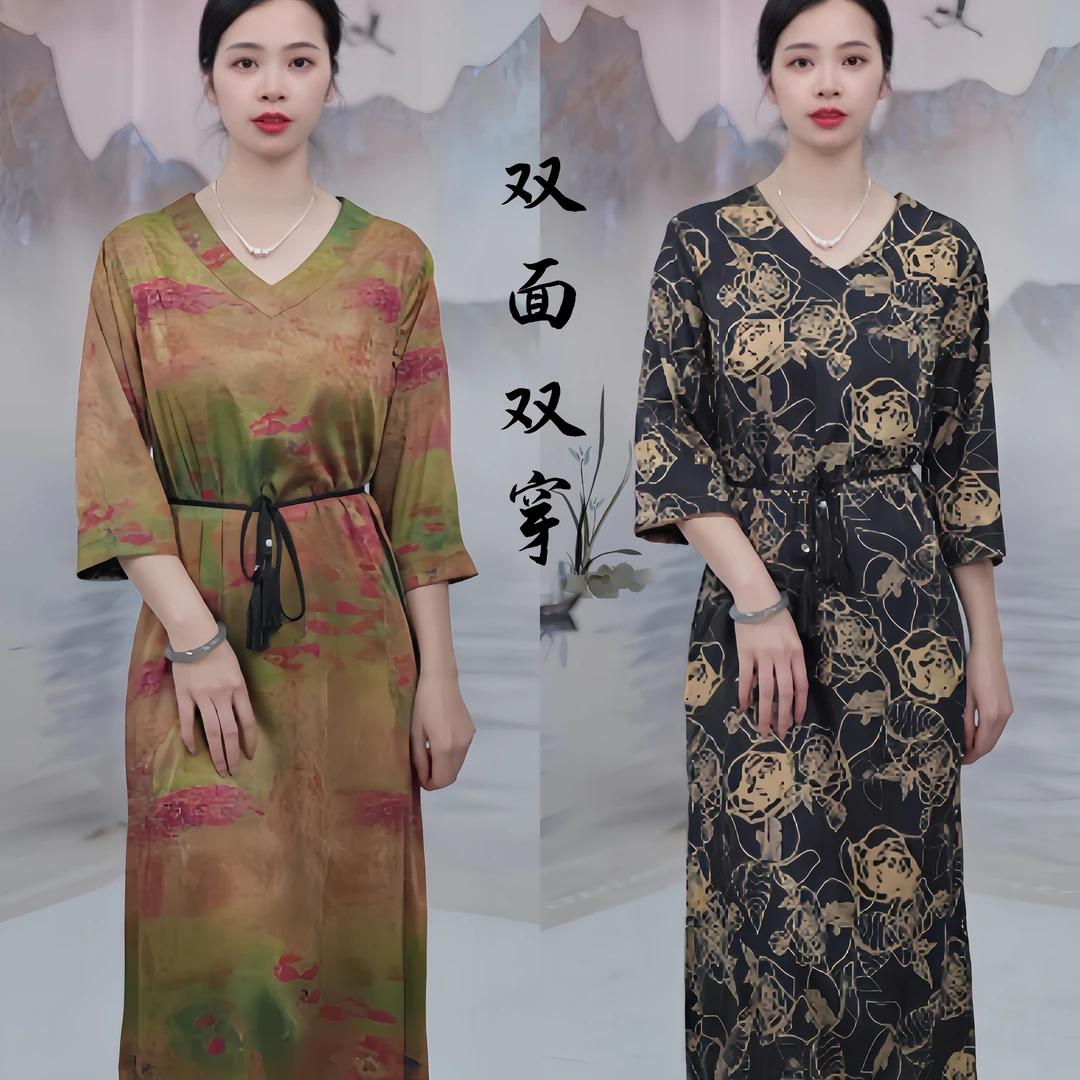 2636  双面双穿油画晕染玫瑰印花气质裙重磅提花女装连衣裙