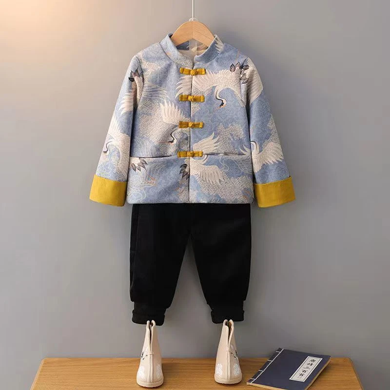 男童汉服唐装加棉拜年服传统中国风秋冬套装宝宝过年周岁礼服表演