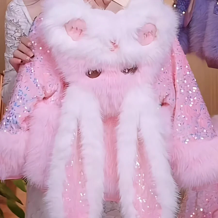 女童加绒外套秋冬2023新款兔耳朵可爱粉色毛毛衣女孩冬装洋气时髦