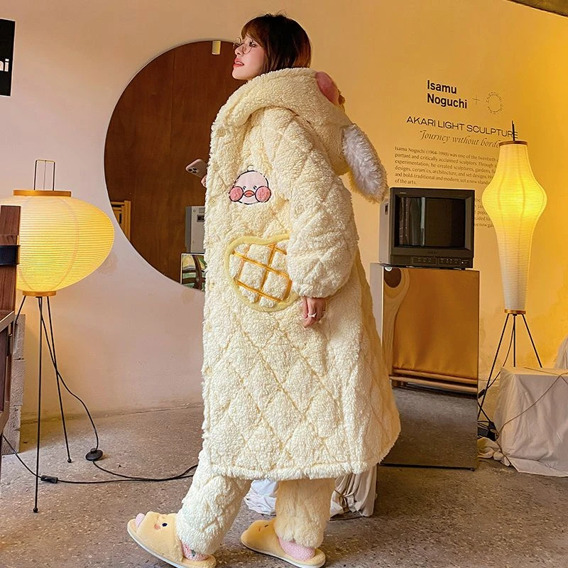 睡袍女冬季加厚加绒三层夹棉袄网红鸭子可爱长款棉裤外穿家居服
