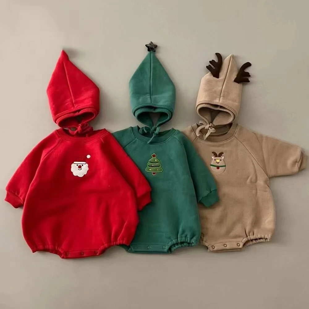 圣诞节衣服婴儿可爱连体衣加绒加厚爬服套装保暖哈衣