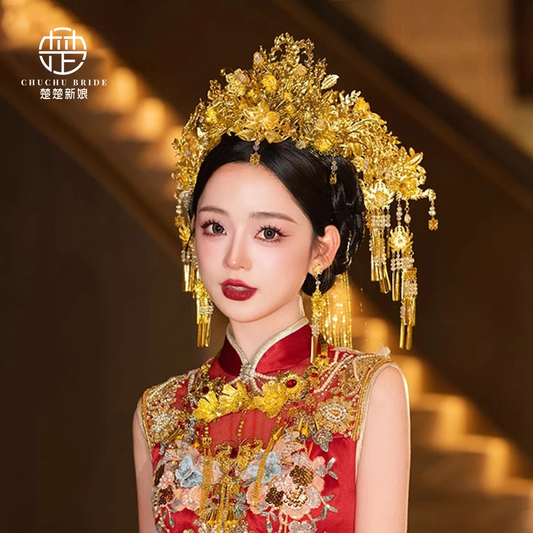 新款金色凤冠复古新娘红金色配饰结婚头饰旗袍汉服龙凤褂发饰品