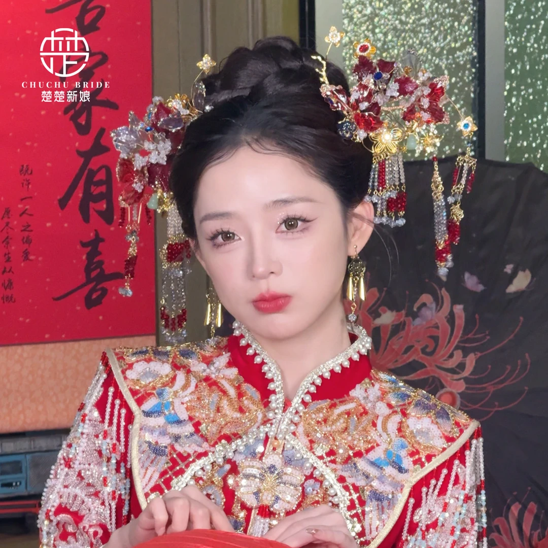 中式新娘结婚头饰红色秀禾头饰套装减龄百搭款晨袍旗袍龙凤褂饰品