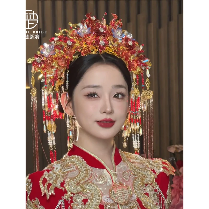 新款红色凤冠头饰秀禾服发饰大气流苏发冠带后压秀禾服新娘头饰