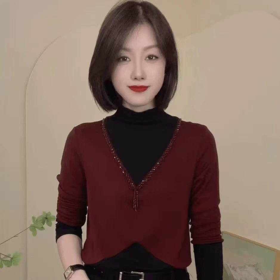 德绒半高领打底衫女秋冬2024新款拼色烫钻修身长袖T恤显瘦上衣女