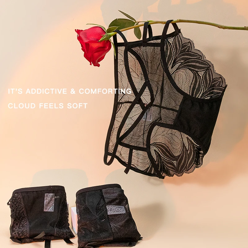 [4件起购]蕾丝性感诱惑镂空黑色法式中腰内裤透气薄款火辣