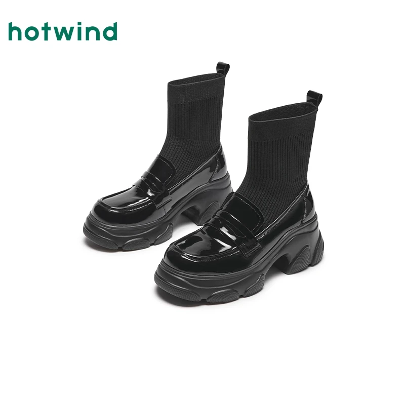 热风2024年冬季新款女士英伦风时尚休闲靴亮面增高乐福鞋H82W4418