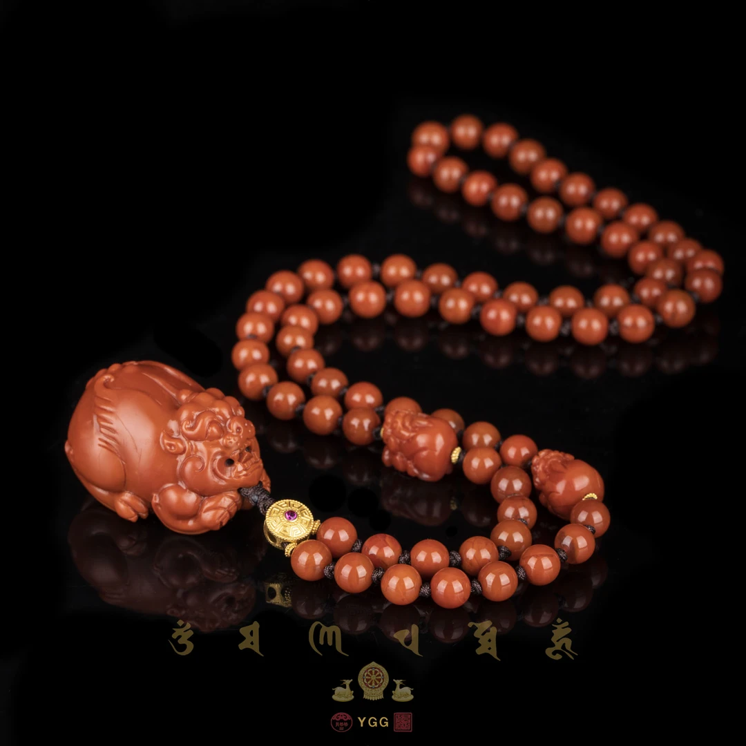 员格格【孤品】18K金/火焰纹南红精雕大貔貅项链/UDS2343