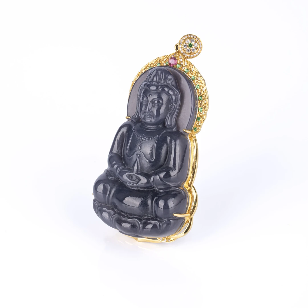 员格格GGGP052701/18K金/和田玉烟紫观音吊坠