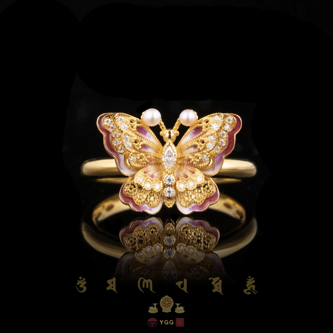 员格格HQYHX12/18K金“蝴蝶·福叠”古法黄金国金烧蓝戒指