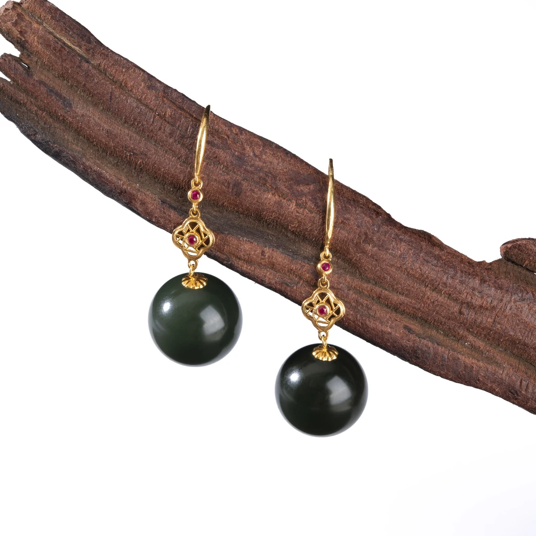 员格格【孤品】18K金/和田玉塔青大单珠耳坠/GG081707