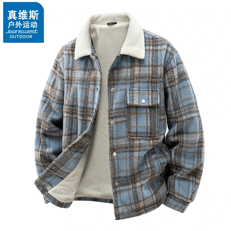 真维斯户外运动美式格子外套男秋冬新款情侣夹克翻领休闲毛呢外套