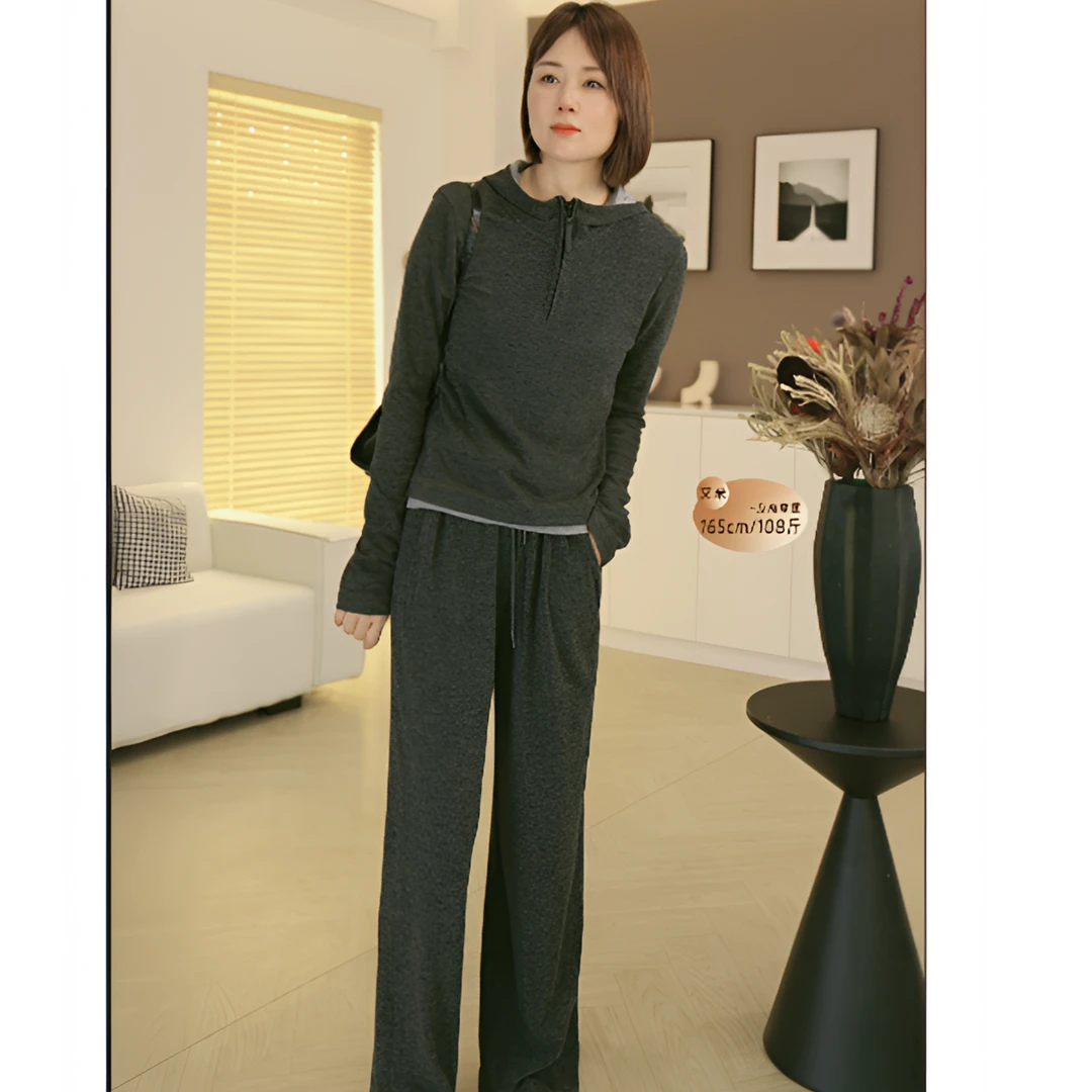 7889     艾米-【显瘦套装】韩系连帽拼色拉链卫衣抽绳长裤运动套装