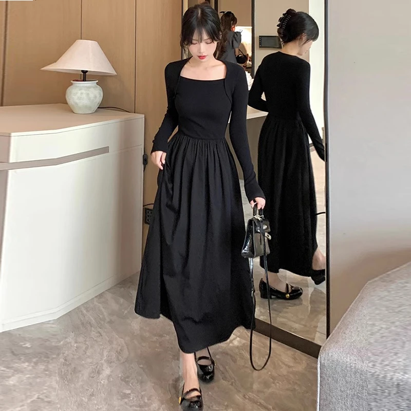 黑色方领长袖连衣裙赫本风法式修身显瘦拼接超仙时尚收腰秋冬长裙