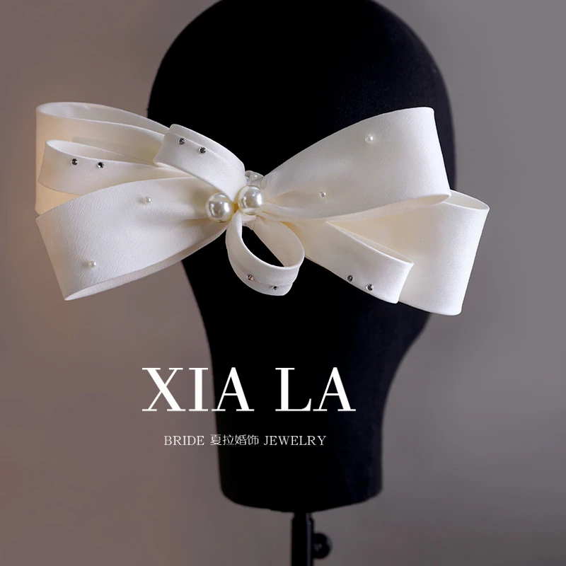 X001夏拉手工气质浅香槟钉珠精致蝴蝶结新娘头饰婚纱韩式发夹配饰